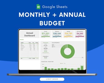 Monthly + Annual Budget Spreadsheet | Google Sheets | Income, Expense, Savings, Debt Payment Tracker | Light Mode