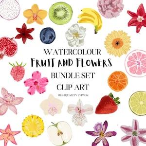 Paquete de imágenes prediseñadas de frutas y flores: 12 frutas y 13 flores. Descarga digital para manualidades y proyectos de bricolaje