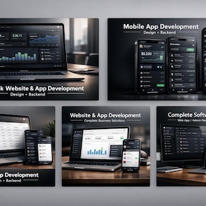Peut inclure: Plusieurs images présentent le développement de sites web et d'applications. Des ordinateurs portables et des smartphones affichent des données et des interfaces utilisateur. Le texte comprend "Full Stack Website & App Development", "Mobile App Development", et "Complete Software System".