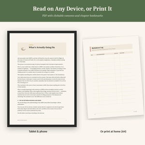 May include: A digital document displayed on a screen and a printed A4 page. The screen shows a page titled Chapter 2 What's Actually Going On with text. The printed page is a Meltdown Log template with columns for date, behavior, and notes.