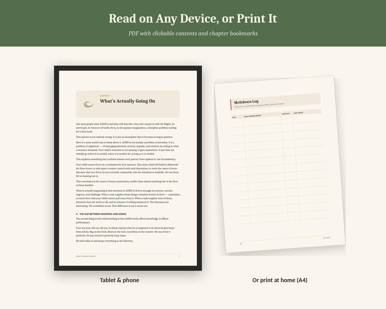 May include: A digital document displayed on a screen and a printed A4 page. The screen shows a page titled Chapter 2 What's Actually Going On with text. The printed page is a Meltdown Log template with columns for date, behavior, and notes.