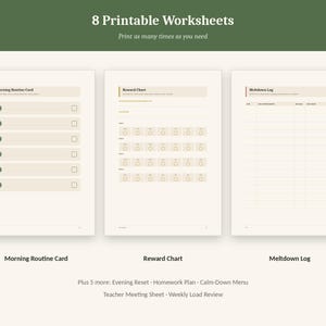 May include: A set of 8 printable worksheets featuring a Morning Routine Card, Reward Chart, and Meltdown Log. The documents include additional sheets for an Evening Reset, Homework Plan, Calm-Down Menu, Teacher Meeting Sheet, and Weekly Load Review.