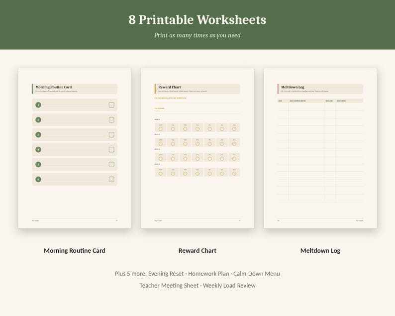 May include: A set of 8 printable worksheets featuring a Morning Routine Card, Reward Chart, and Meltdown Log. The documents include additional sheets for an Evening Reset, Homework Plan, Calm-Down Menu, Teacher Meeting Sheet, and Weekly Load Review.