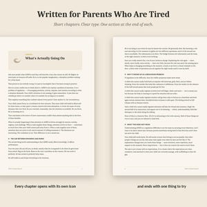 May include: Two pages of a book titled Written for Parents Who Are Tired, featuring black text on a cream background. The left page shows Chapter 1, What's Actually Going On, with a small icon. The right page contains detailed paragraphs.