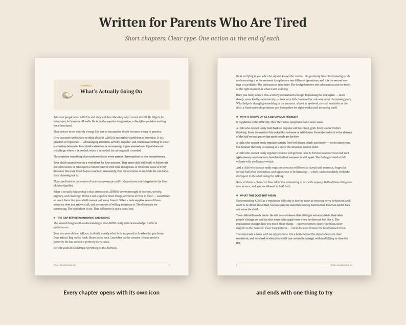 May include: Two pages of a book titled Written for Parents Who Are Tired, featuring black text on a cream background. The left page shows Chapter 1, What's Actually Going On, with a small icon. The right page contains detailed paragraphs.