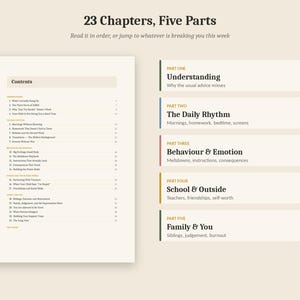 May include: A document titled 23 Chapters, Five Parts featuring a detailed table of contents on the left and a structured list of five parts on the right. Each part is color-coded and includes a title and a brief description of the topics covered.