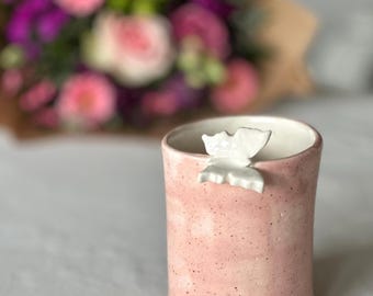 Handmade Pink Ceramic Vase: Butterfly Ornament, Glazed Pottery