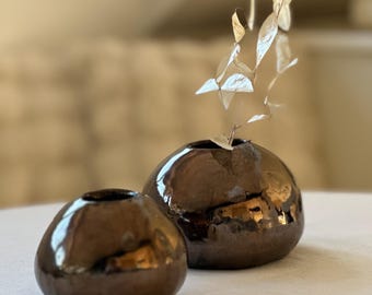 Handmade Luster Ceramic Vase: Bronze Copper Pottery, Wabi Sabi Style