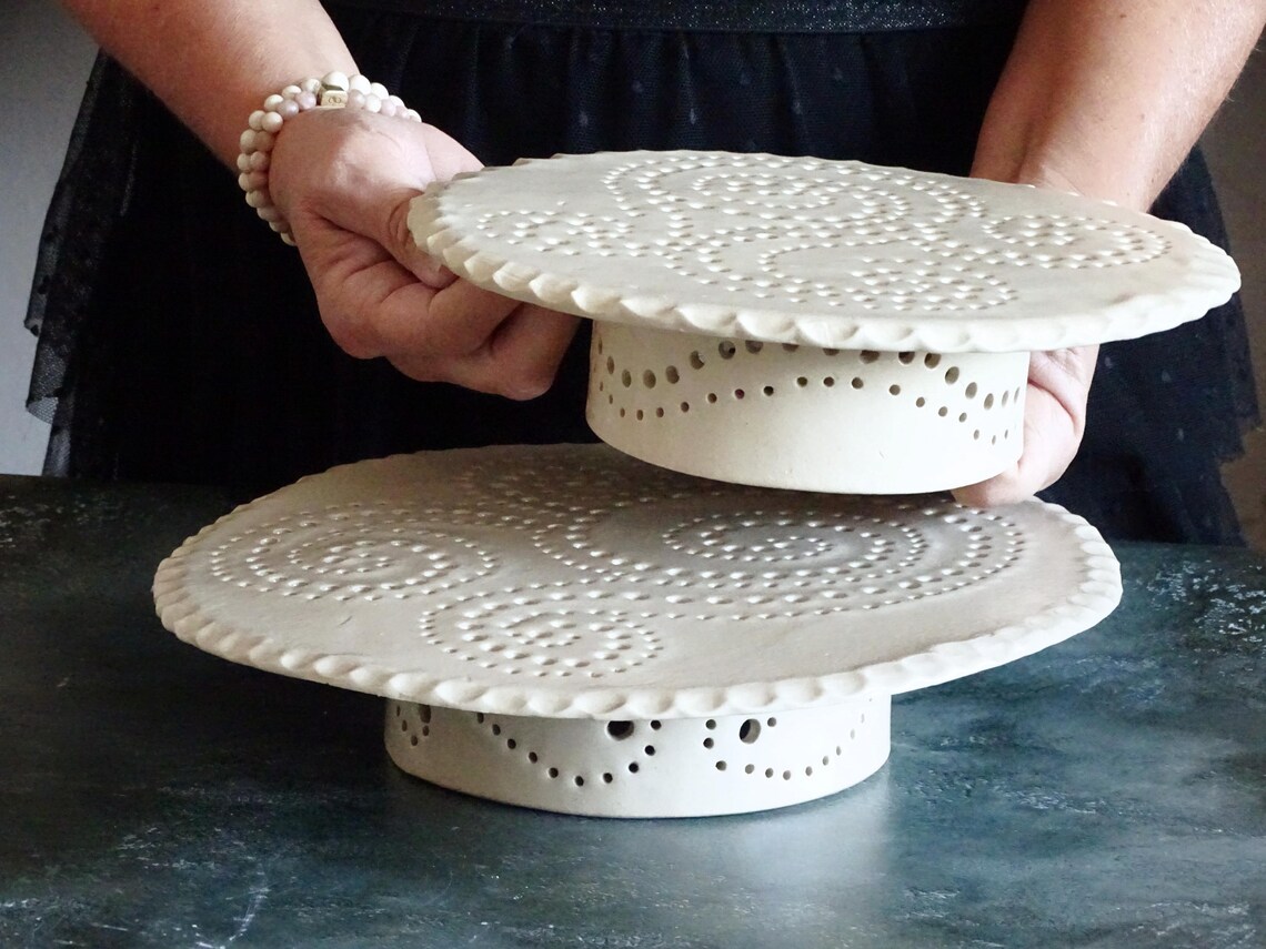 Handmade Ceramic Cake Stand: White Lace Pottery, Rustic Wedding Decor ...