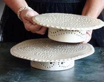 Handmade Ceramic Cake Stand: White Lace Pottery, Rustic Wedding Decor