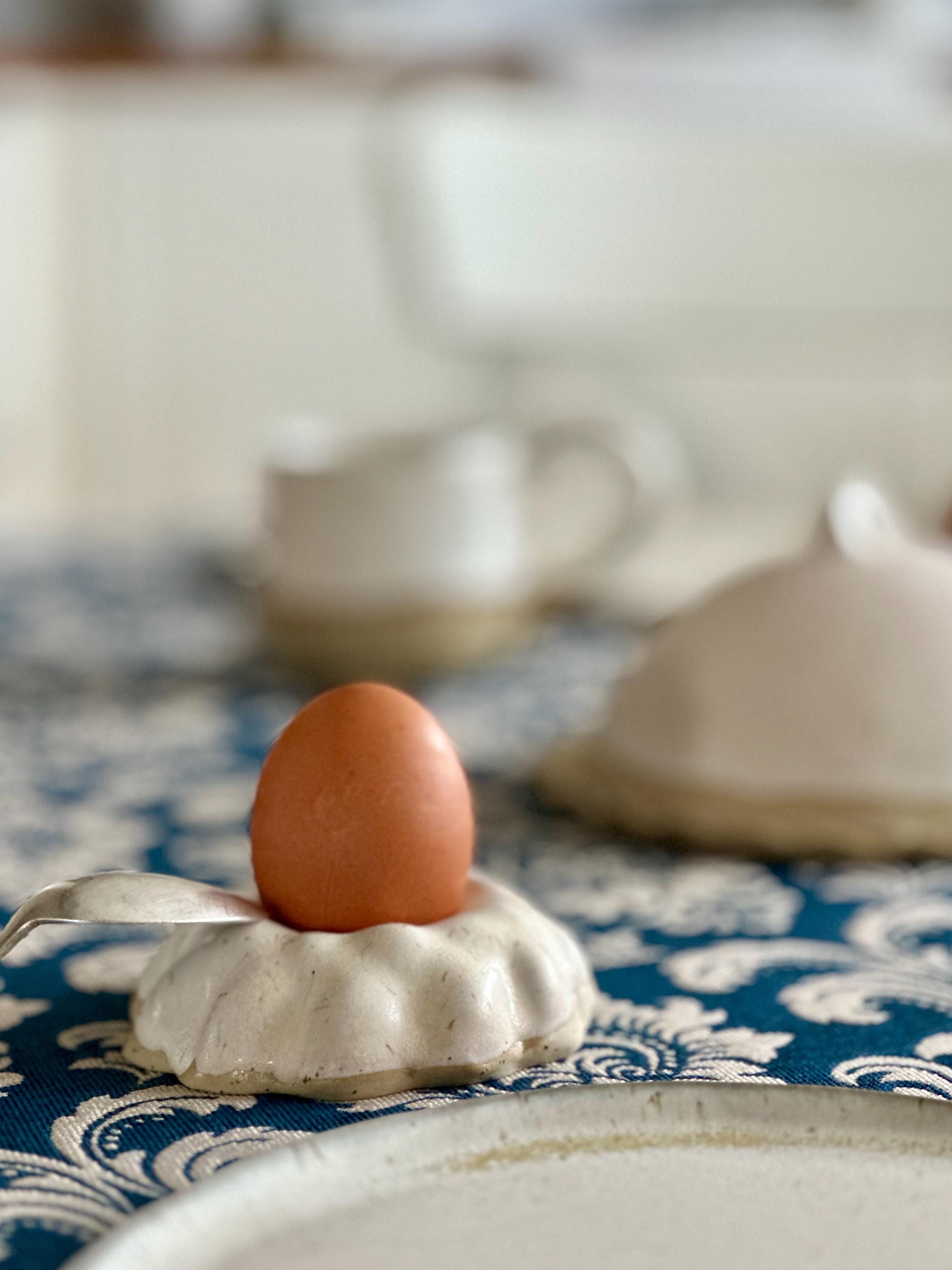 Handmade Blue Beige Stoneware Egg Cup: Wabi Sabi Pottery Egg Holder