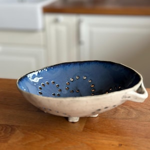 Handmade Ceramic Colander – Blue Glazed with Decorative Pattern Colander, Stoneware Pottery, Rustic Pottery Colander, Handmade Pasta Straine