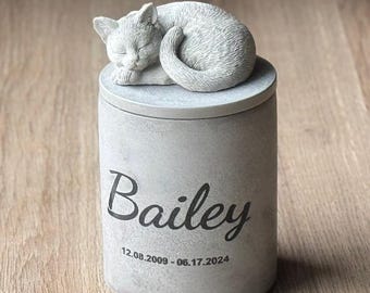 Personalized Concrete Cat Urn with Statue, Pet Memorial