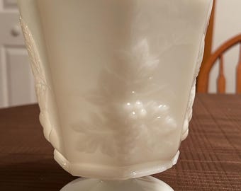 White milk glass grapes and leaves footed pedestal vase/planter