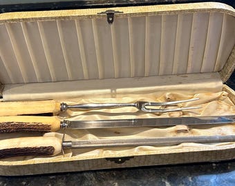 Vintage stag antler handle carving set