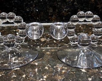 Set of two Imperial Candlewick clear glass bubble double tapered candlestick holders