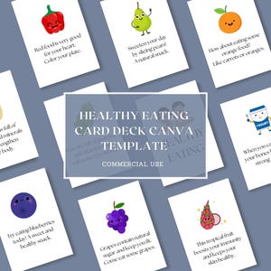 Baralho de cartas editável sobre alimentação saudável para crianças, frutas e vegetais, alimentação emocional, coach de nutrição, citações sobre alimentação saudável, educação psicoeducacional