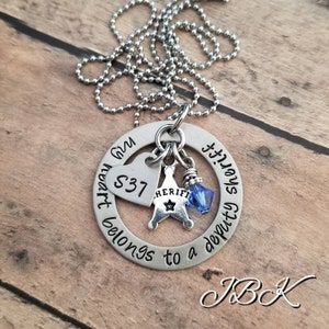 Custom hand stamped, Personalized, JBK, My Heart Belongs to A Deputy Sheriff  washer style necklace