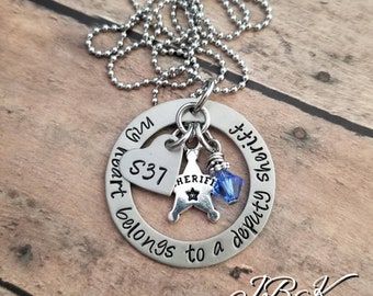 Custom hand stamped, Personalized, JBK, My Heart Belongs to A Deputy Sheriff  washer style necklace
