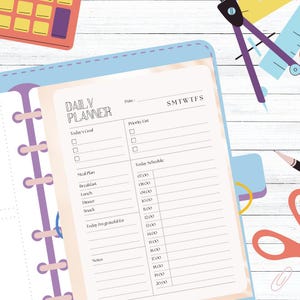 May include: A daily planner with a blue and pink cover. The planner has a section for today's goal, a priority list, a meal plan, a schedule, and a section for things you are grateful for. The planner also has a section for notes.