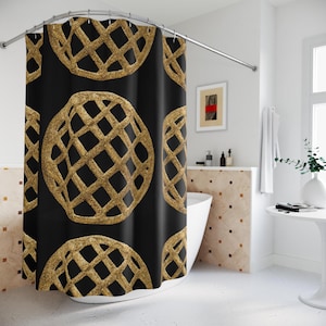 African Inspired Elegant Circular Pattern Shower Curtain, Black And Gold Bathroom Decor Gift for Housewarming, Retro Ethnic Bath Accessory,
