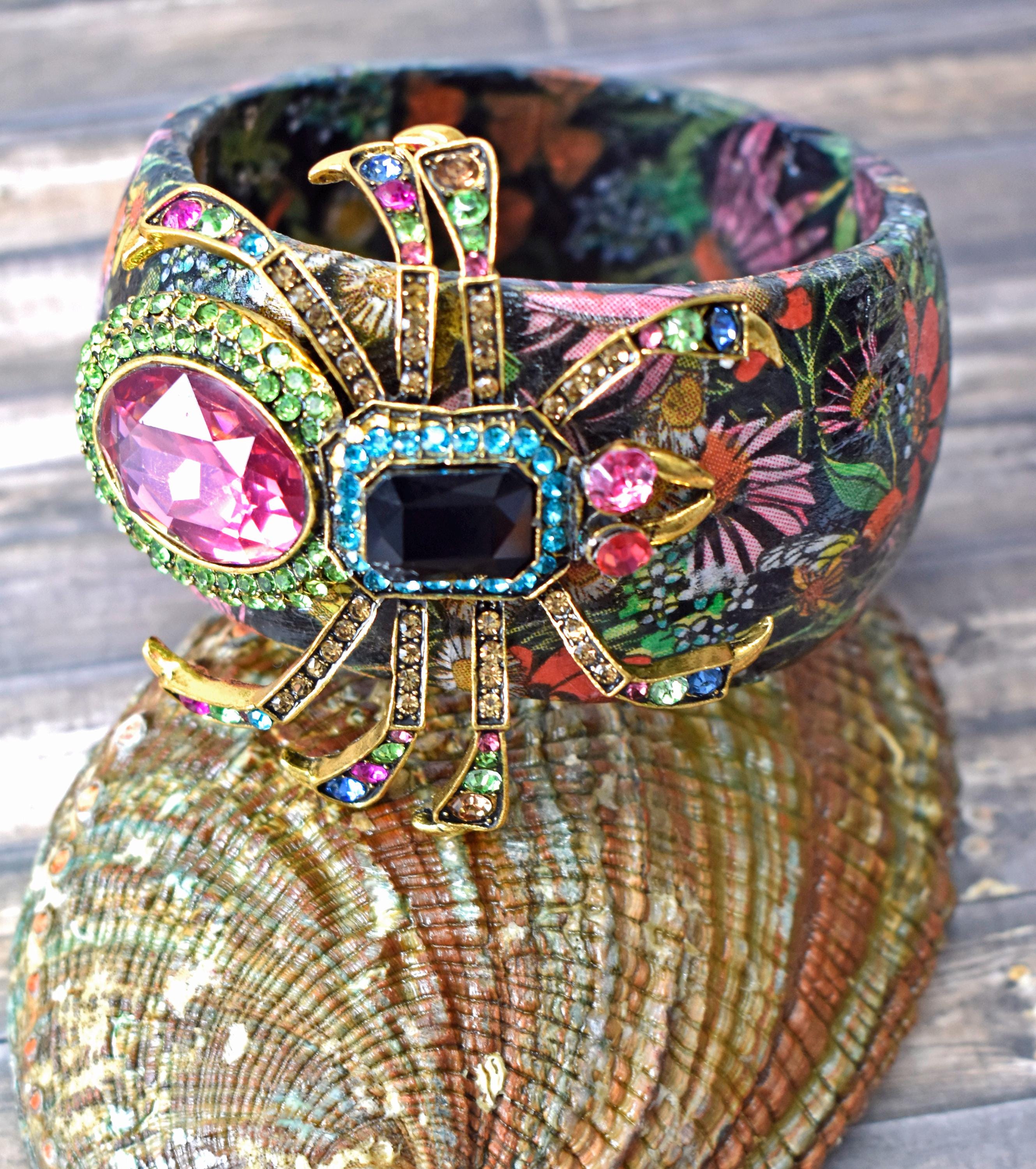 Decoupage Wooden Bangle Bracelet: Rhinestone Spider Statement
