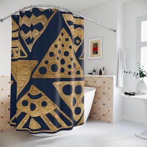 Modern boho geometrisch douchegordijn - goud en marineblauw ontwerp, badkamerdecor, woonaccessoires, cadeau voor housewarming, stijlvol douchegordijn
