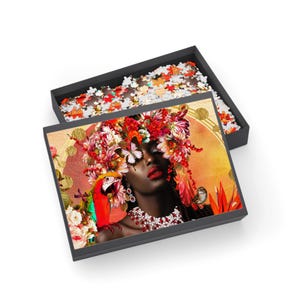Puzzle, femme afro-américaine, rubis dans le jardin, 1000 pièces, design floral vibrant, oeuvre d&#39;art personnalisée petite entreprise noire, femme noire