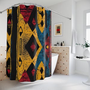 African Print Shower Curtain - Bathroom Home Decor, Small Black Business, Ethnic Bath Decor, Afrocentric Fabric Bath Curtain, Tribal Pattern