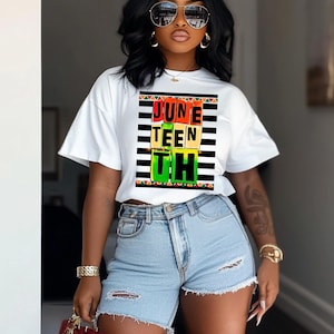 May include: White t-shirt with the word "JUNE" in red, "TEEN" in green, and "TH" in yellow, with black and white stripes. The shirt is paired with light blue denim shorts.