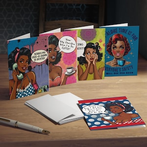 Tarjetas de felicitación de arte pop retro afroamericano, paquete de papelería divertido, juego de tarjetas de estilo vintage, tarjetas de notas únicas, regalo de cultura negra para ella