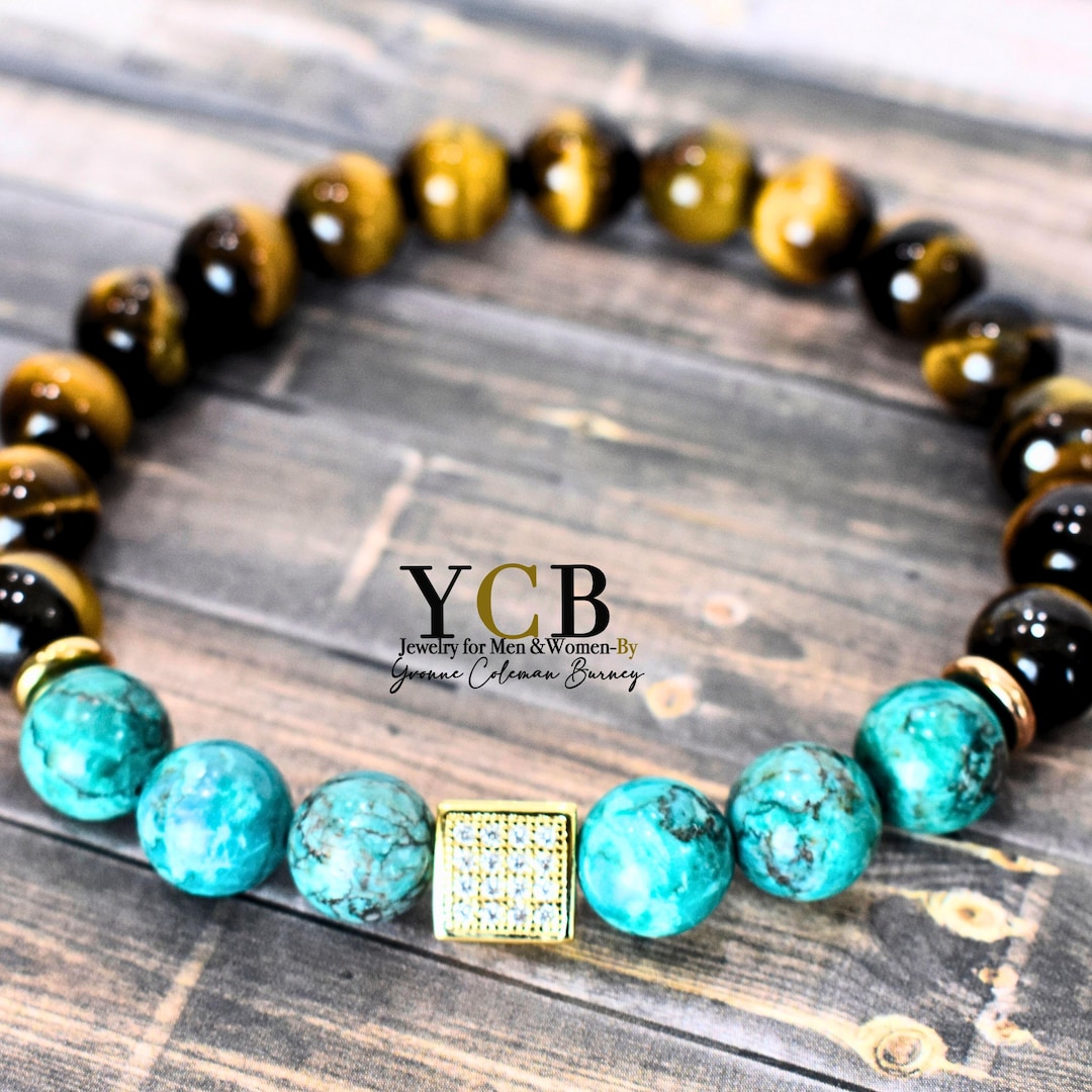 Tiger Eye & Turquoise Gemstone Men's Bracelet - Etsy