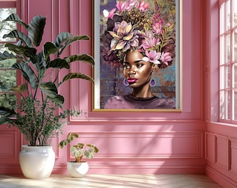 Peut inclure: Une impression d'art encadrée représentant une femme avec une coiffe florale. L'œuvre d'art présente une femme à la peau foncée, portant des boucles d'oreilles violettes et un haut sombre. L'arrière-plan présente un motif texturé et multicolore avec des accents dorés.