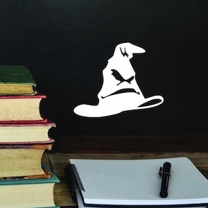 Pode incluir: Uma silhueta branca do Chapéu Seletor da série Harry Potter, com uma cara franzida, está em um fundo de quadro negro. Uma pilha de livros e um caderno com uma caneta estão em uma superfície de madeira abaixo.