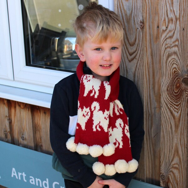 Foulard pour chats pour enfants avec petits pompons - Foulard rouge avec une crème Chats, laine 100% lavable en machine