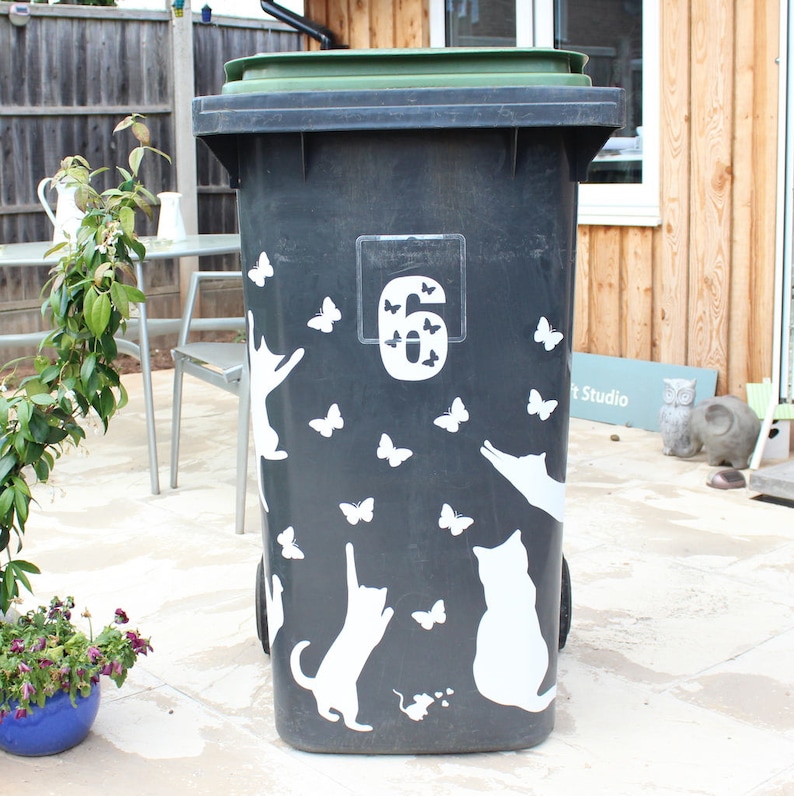 Wheelie Bin, Trash Can, Playful Cats With Butterflies, Your Door Number