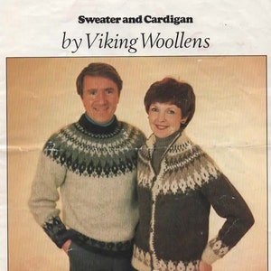 May include: A knitting pattern for a sweater and cardigan, featuring a couple wearing the finished garments. The pattern is titled "Icelandic Lopi Wool Pattern No 22" and is by "Viking Woollens".