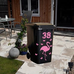 Wheelie Bin, Trash Can, Flamingo with Butterflies and your Door Number, Decal Sticker