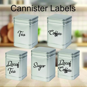 Tea, Coffee, Sugar, Decaf Tea, Decaf Coffee, Stickers for Jars, Caddies, Canisters - 16 Colours. 5 Cursive Labels