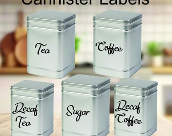 Tea, Coffee, Sugar, Decaf Tea, Decaf Coffee, Stickers for Jars, Caddies, Canisters - 18 Colours. 5 Cursive Labels