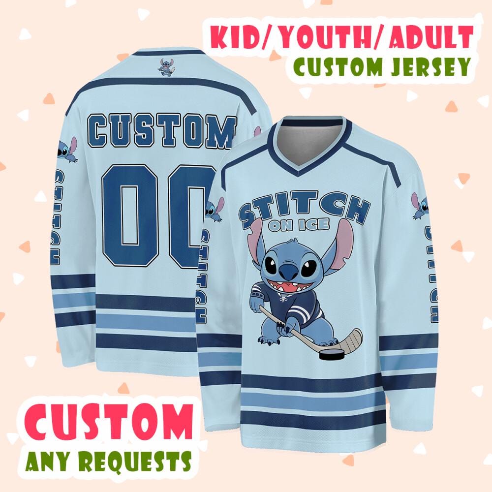 Snorider Design Customized Disney Stitch Hockey Classic Light Blue Jersey, Hockey Disney Custom Shirt, Hockey Team Jersey, Hockey Lovers Gifts