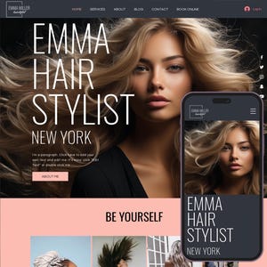 May include: Website design for a hair stylist, featuring a woman with long blonde hair. The website's header includes the stylist's name, "EMMA MILLER," and the tagline "hair stylist, New York." A mobile phone displays the website's design.