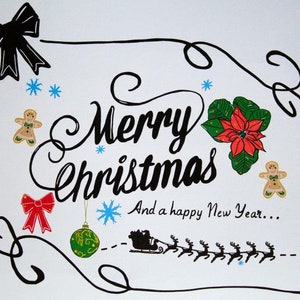 Carte de Noël dessinée à la main, contour fins noir Merry Christmas