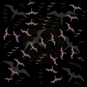 May include: Black background with a pattern of stylized birds in various sizes and orientations. The birds are in shades of gray and lavender. A faded, circular graphic with text is visible in the background.