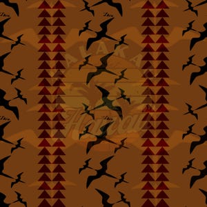 May include: A repeating pattern featuring black birds in flight, red triangles, and the word "Hawaii" in a vintage style. The background is a gradient of brown and orange hues, with a subtle mountain silhouette.