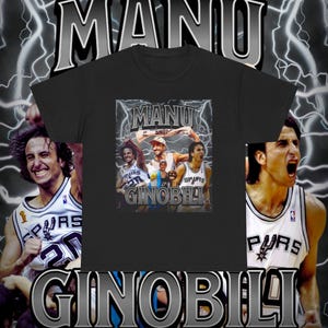 May include: Black t-shirt with a graphic print of three basketball players in a vintage style. The players are wearing San Antonio Spurs jerseys and the text "Manu Ginobili" is printed on the shirt.