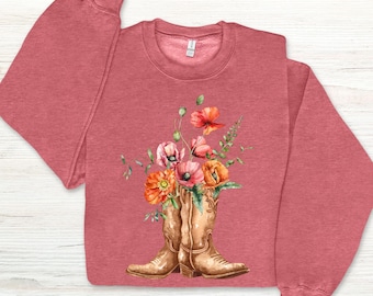Sudadera con botas de vaquera con flores silvestres, cuello redondo de vaquera retro, lindas camisetas campestres, atuendo de chica ranchera