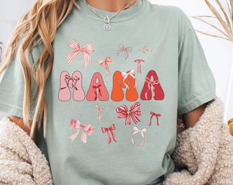 Comfort Colors®Mama Coquette Shirt,Mother's Day Shirt,Gift From Daugther,Bow Mama T-Shirt,New Mama Shirt,Pink Bow Mom Shirt