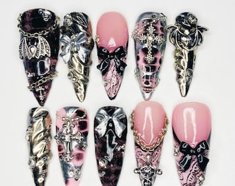 Uñas postizas de murciélago rosa gótico, diseño de uñas de cumpleaños hecho a mano