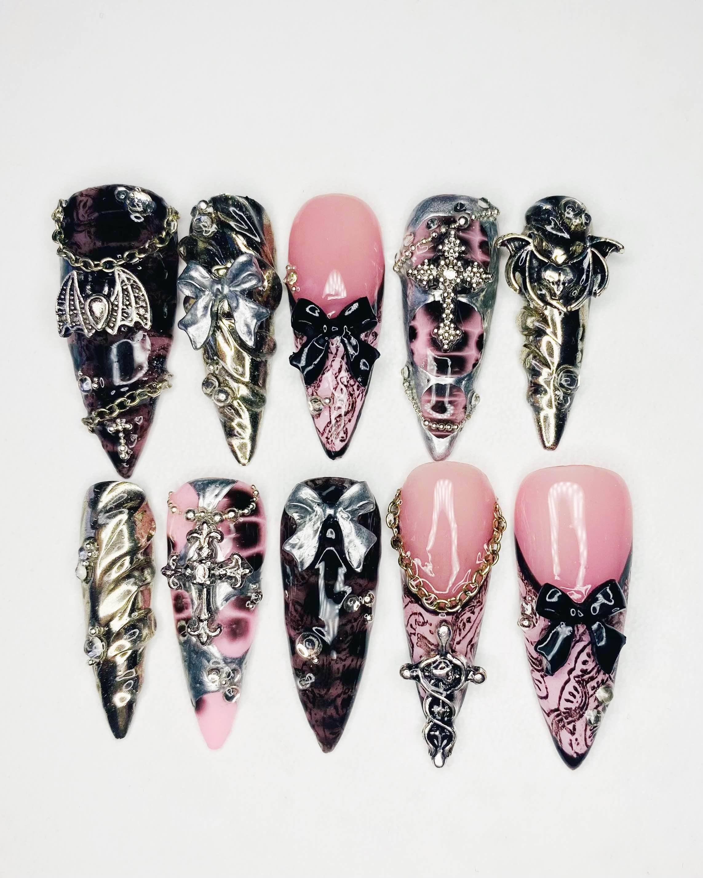 Gothic Pink Bat Press-On Nails, Handmade Birthday Nail Art